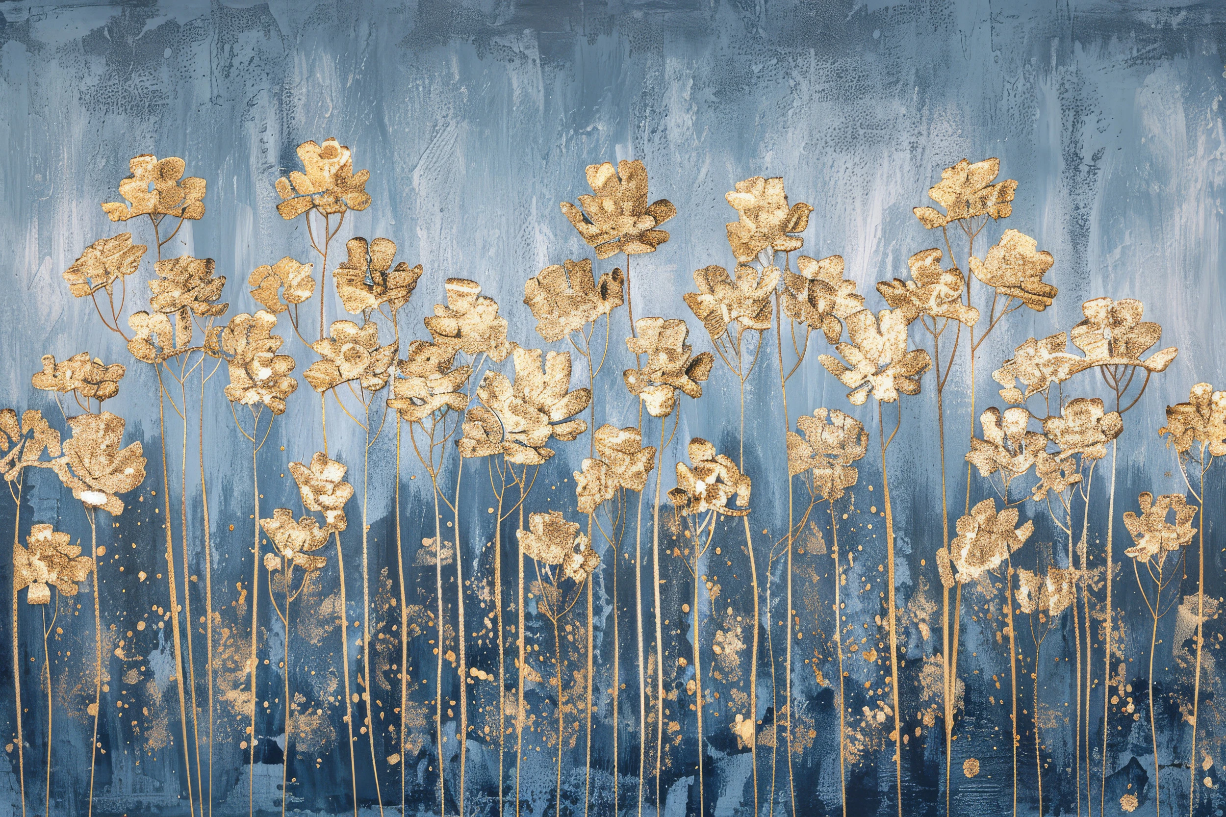 Papier Peint Fleurs Dorées sur Fond Bleu Texture Artistique