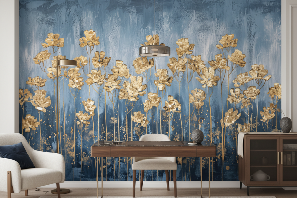 Papier Peint Fleurs Dorées sur Fond Bleu Texture Artistique - Bureau