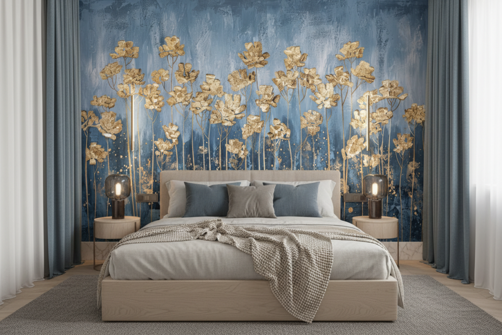 Papier Peint Fleurs Dorées sur Fond Bleu Texture Artistique - Chambre adulte