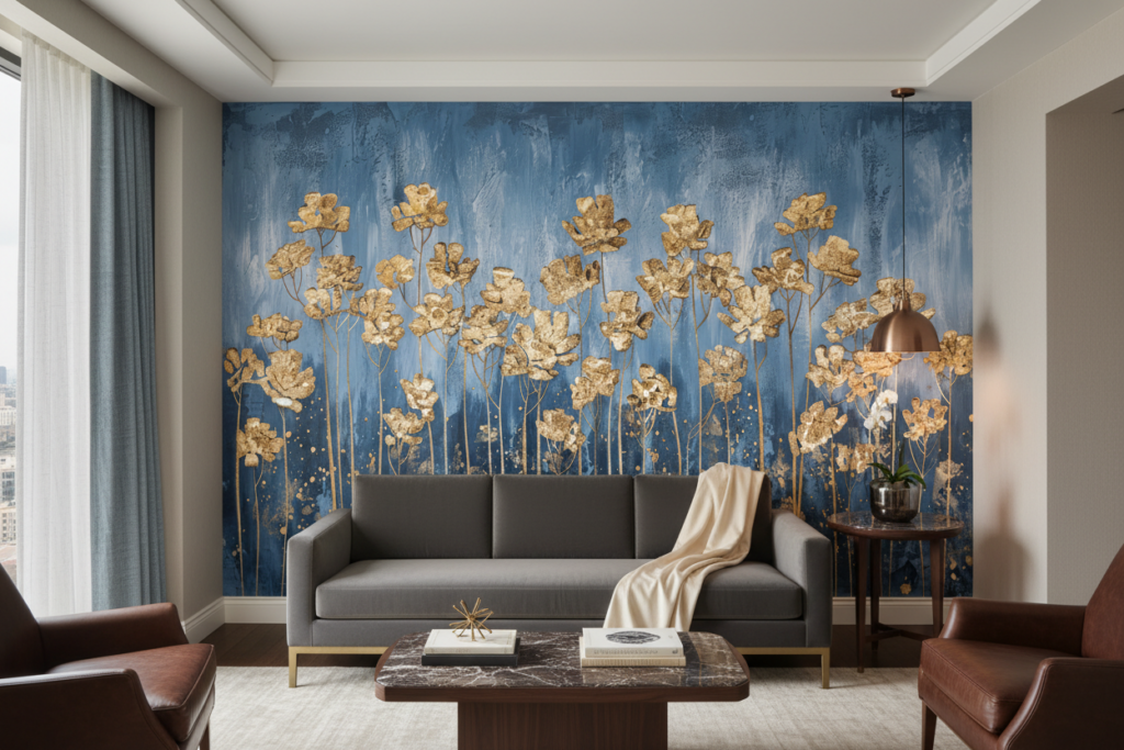 Papier Peint Fleurs Dorées sur Fond Bleu Texture Artistique - Hôtel