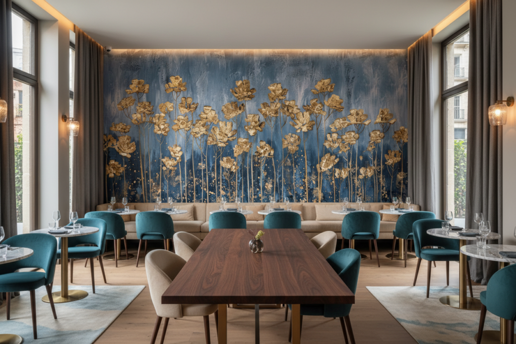 Papier Peint Fleurs Dorées sur Fond Bleu Texture Artistique - Restaurant