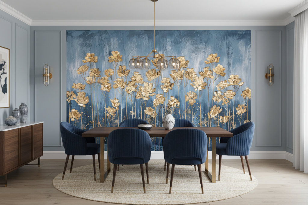 Papier Peint Fleurs Dorées sur Fond Bleu Texture Artistique - Salle à manger