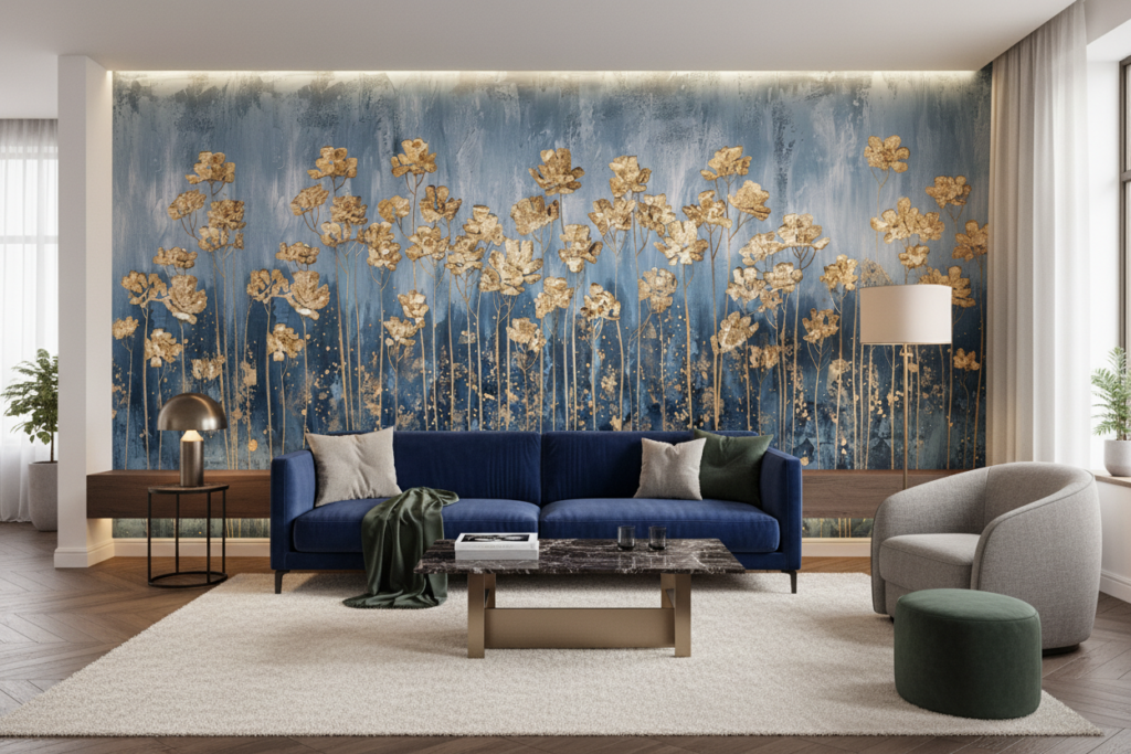 Papier Peint Fleurs Dorées sur Fond Bleu Texture Artistique - Salon / Séjour