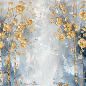 Papier Peint Artistique Fleurs Dorées sur Fond Bleu Abstrait