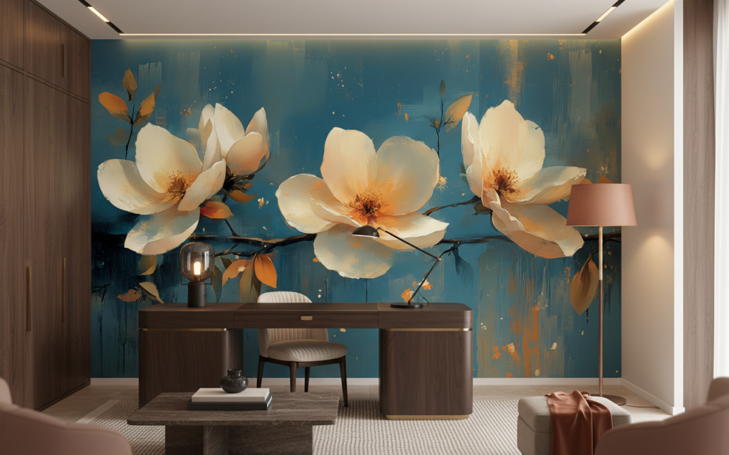 Papier peint fleurs magnolia blanches sur fond bleu abstrait - Bureau