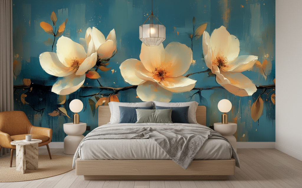 Papier peint fleurs magnolia blanches sur fond bleu abstrait - Chambre adulte