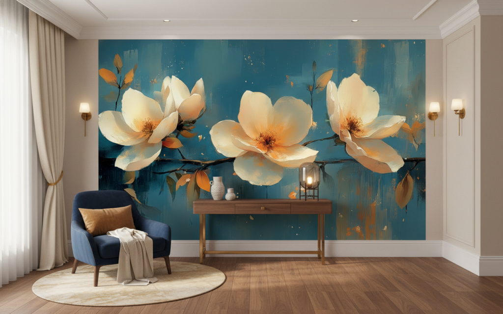 Papier peint fleurs magnolia blanches sur fond bleu abstrait - Hôtel