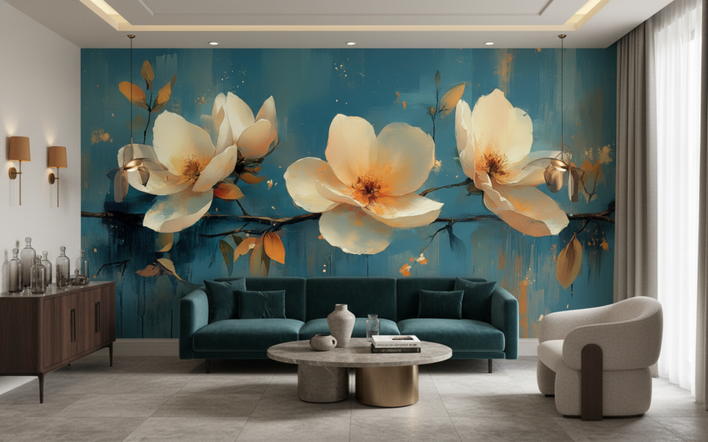 Papier peint fleurs magnolia blanches sur fond bleu abstrait - Restaurant