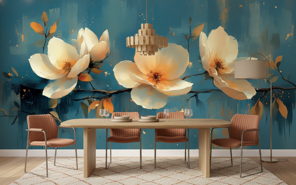 Papier peint fleurs magnolia blanches sur fond bleu abstrait - Salle à manger