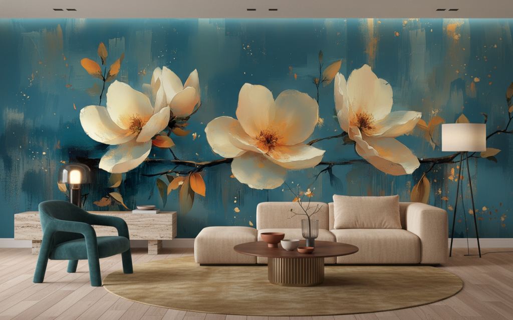 Papier peint fleurs magnolia blanches sur fond bleu abstrait - Salon / Séjour