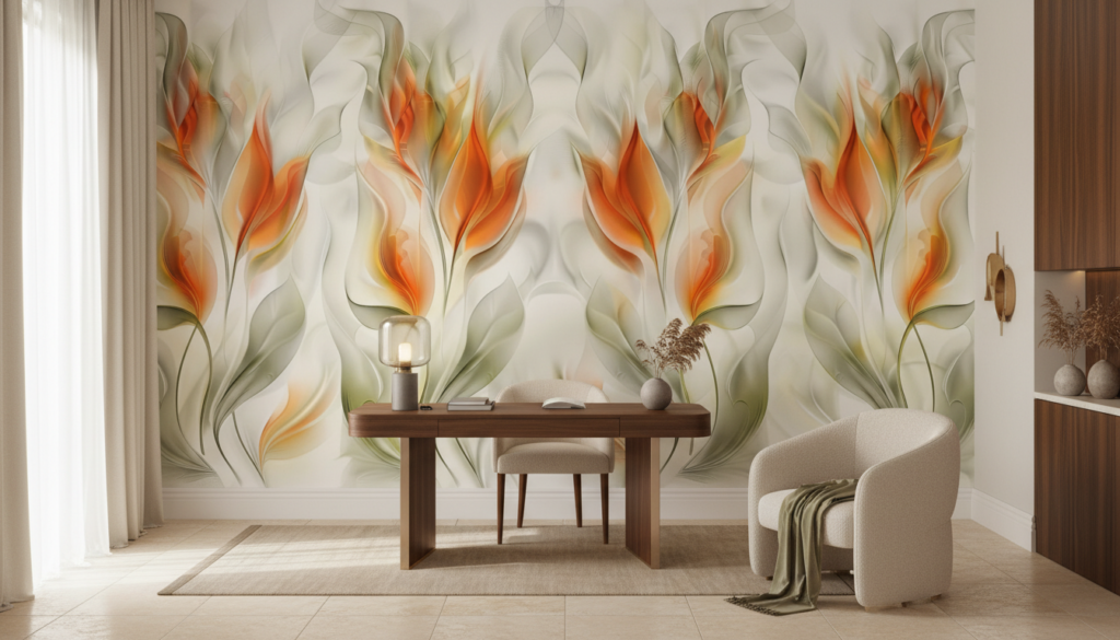 Papier peint floral abstrait aux flammes orangées sur fond nacré - Bureau