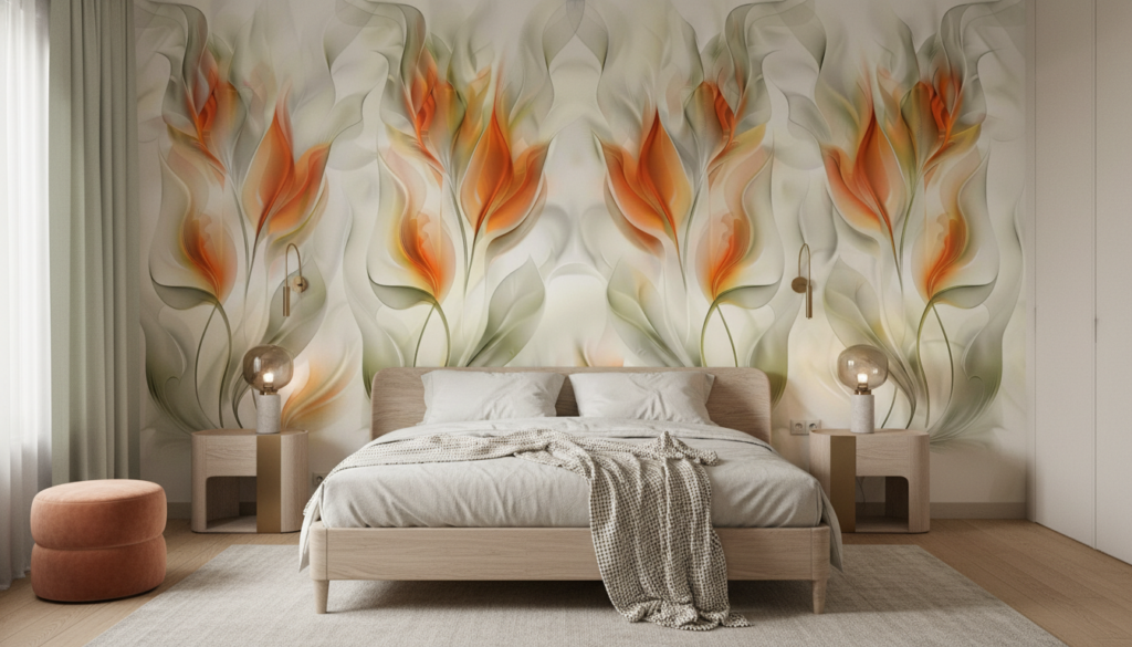 Papier peint floral abstrait aux flammes orangées sur fond nacré - Chambre adulte