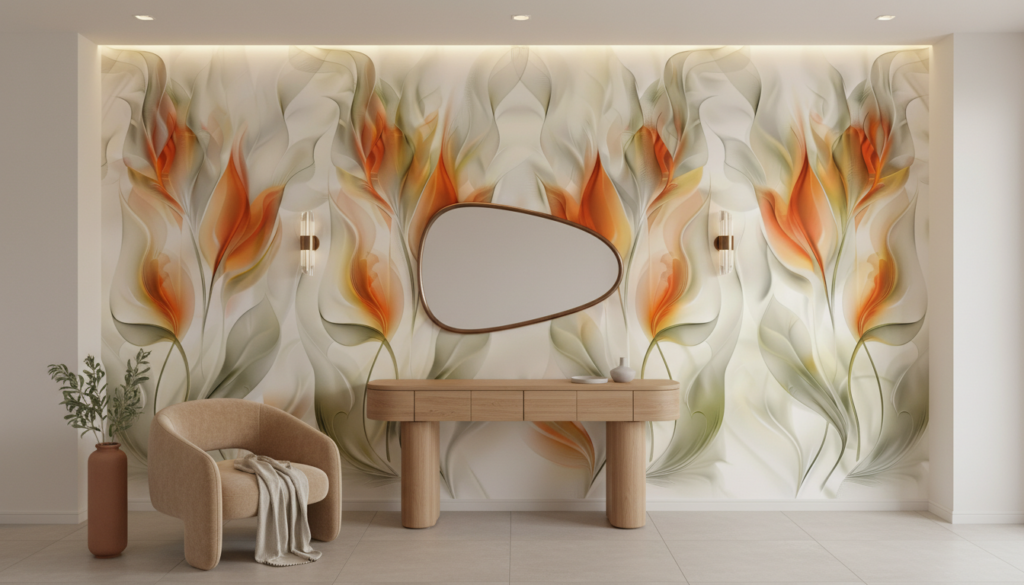 Papier peint floral abstrait aux flammes orangées sur fond nacré - Entrée