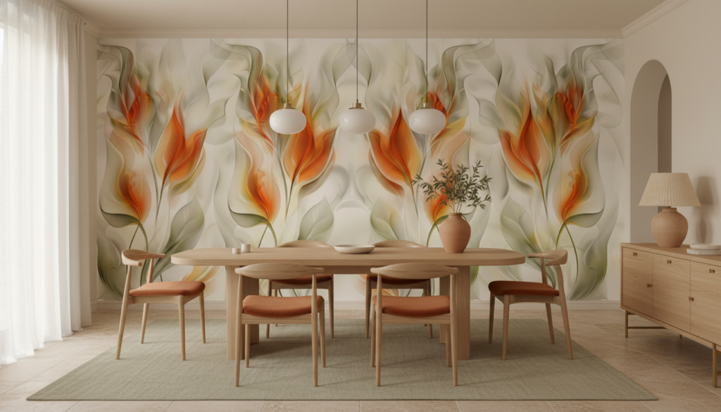 Papier peint floral abstrait aux flammes orangées sur fond nacré - Salle à manger
