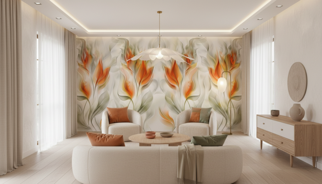 Papier peint floral abstrait aux flammes orangées sur fond nacré - Salon / Séjour