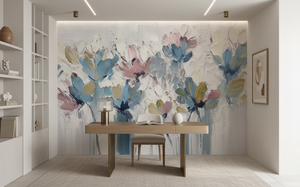 Papier Peint Floral Abstrait aux Nuances Bleues et Roses Délicates - Bureau