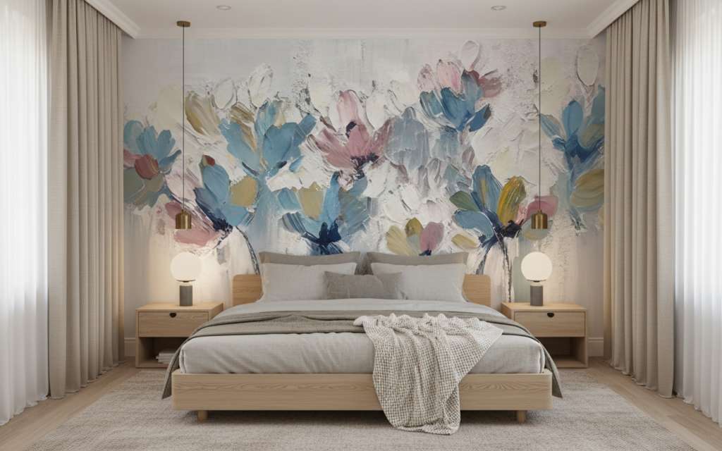 Papier Peint Floral Abstrait aux Nuances Bleues et Roses Délicates - Chambre adulte