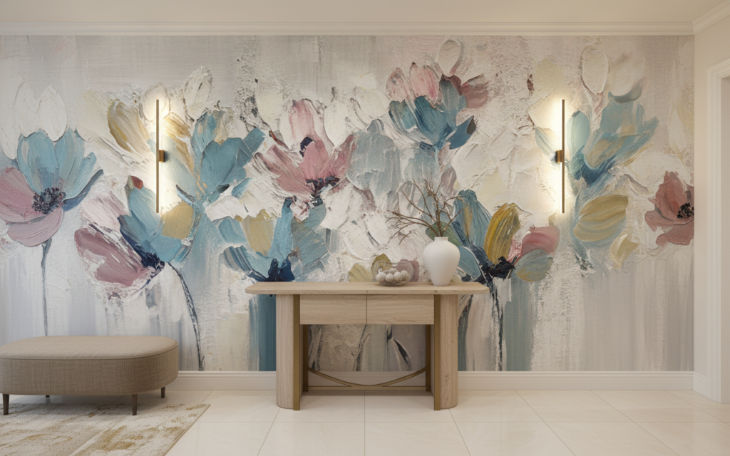 Papier Peint Floral Abstrait aux Nuances Bleues et Roses Délicates - Entrée