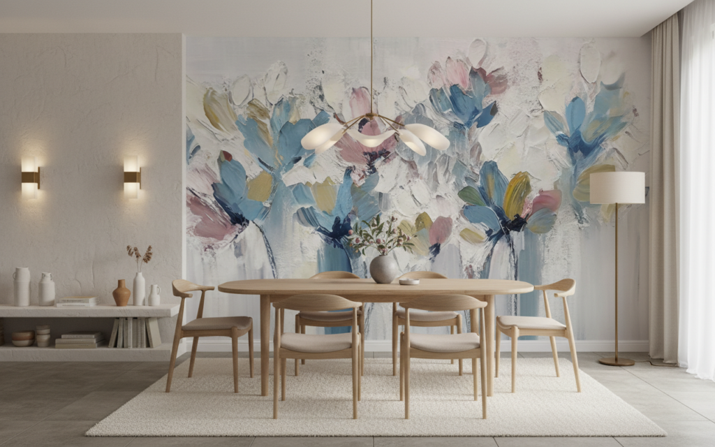 Papier Peint Floral Abstrait aux Nuances Bleues et Roses Délicates - Salle à manger
