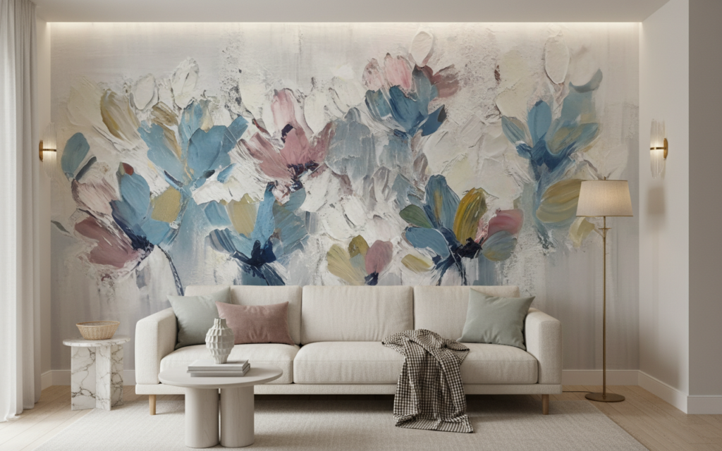 Papier Peint Floral Abstrait aux Nuances Bleues et Roses Délicates - Salon / Séjour