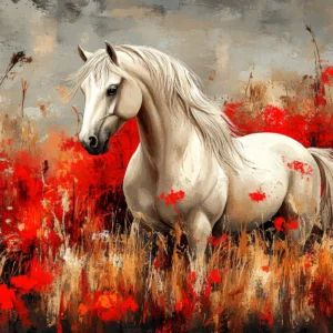 Papier peint cheval blanc élégant dans prairie fleurie rouge