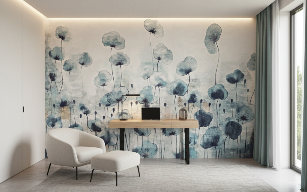 Papier peint floral aquarelle coquelicots bleus style nature zen - Bureau