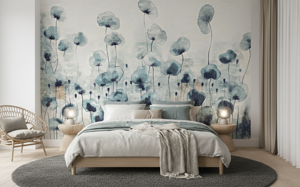 Papier peint floral aquarelle coquelicots bleus style nature zen - Chambre adulte