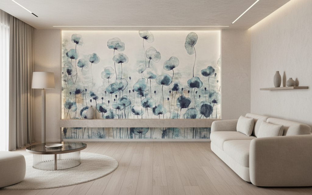 Papier peint floral aquarelle coquelicots bleus style nature zen - Hôtel