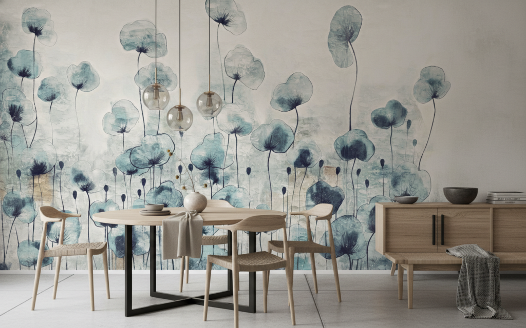 Papier peint floral aquarelle coquelicots bleus style nature zen - Salle à manger