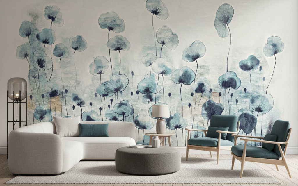 Papier peint floral aquarelle coquelicots bleus style nature zen - Salon / Séjour