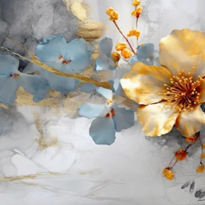 Papier Peint Floral Aquarelle Moderne Doré Bleu Gris Élégant