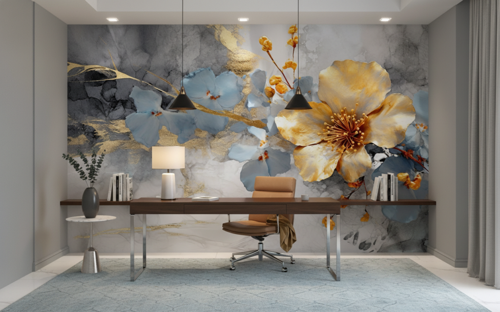 Papier Peint Floral Aquarelle Moderne Doré Bleu Gris Élégant - Bureau