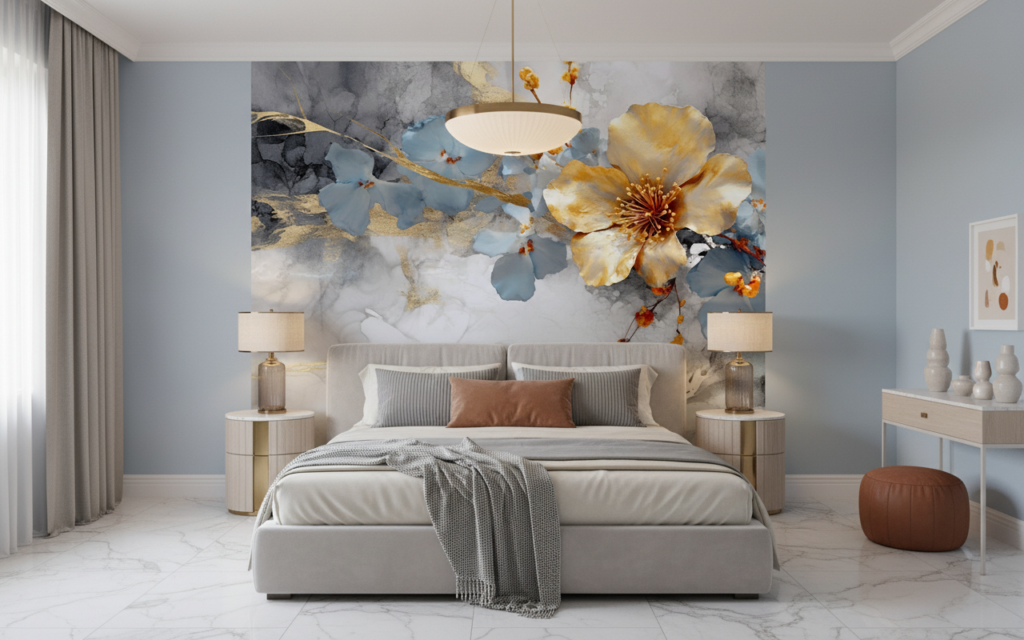 Papier Peint Floral Aquarelle Moderne Doré Bleu Gris Élégant - Chambre adulte