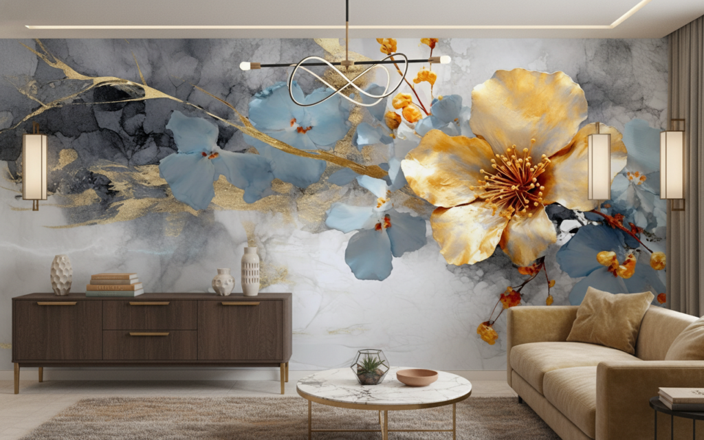 Papier Peint Floral Aquarelle Moderne Doré Bleu Gris Élégant - Hôtel