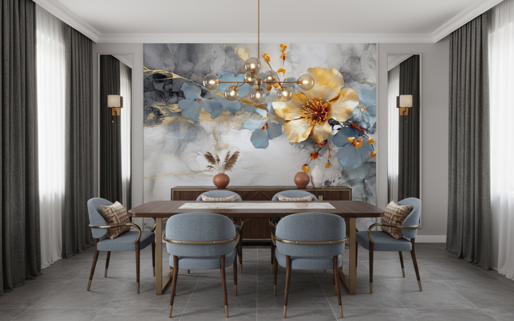 Papier Peint Floral Aquarelle Moderne Doré Bleu Gris Élégant - Salle à manger