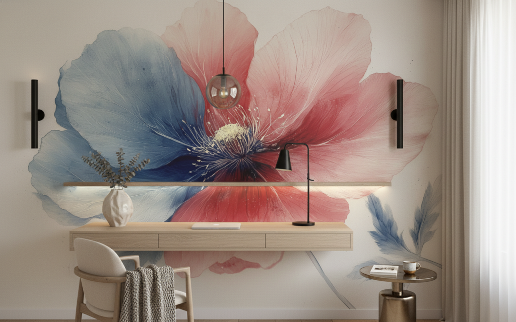 Papier peint floral aquarelle rouge bleu délicat élégant - Bureau