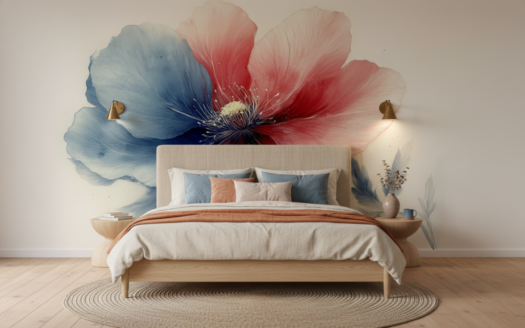 Papier peint floral aquarelle rouge bleu délicat élégant - Chambre adulte