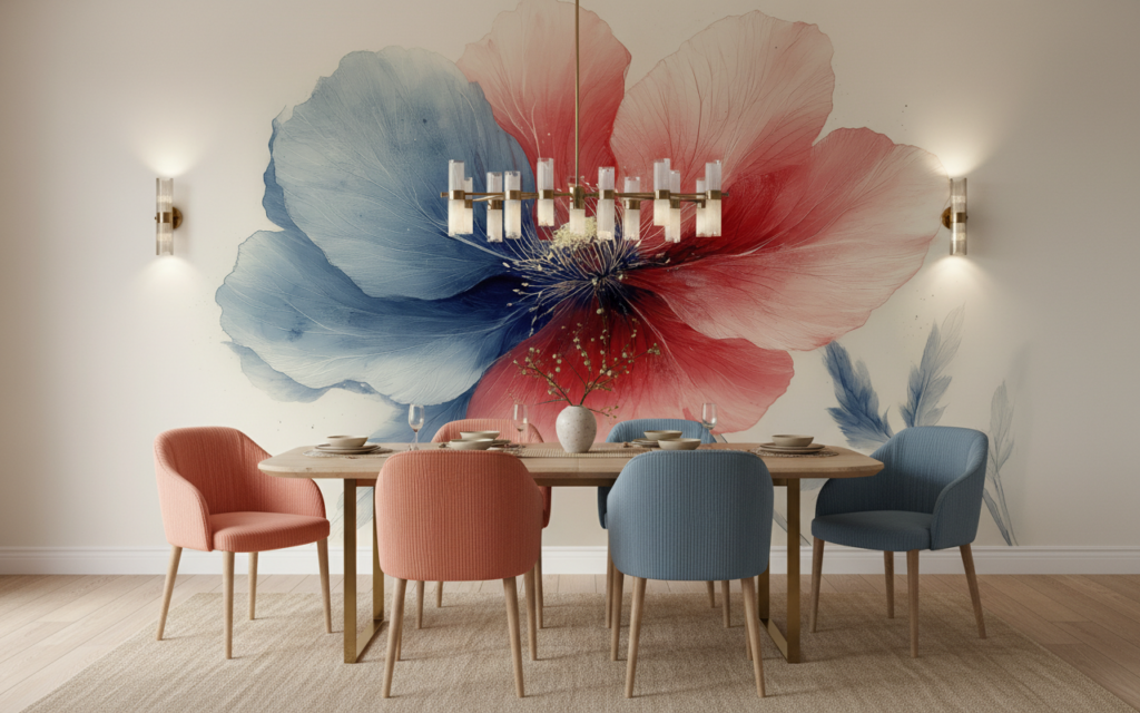 Papier peint floral aquarelle rouge bleu délicat élégant - Salle à manger