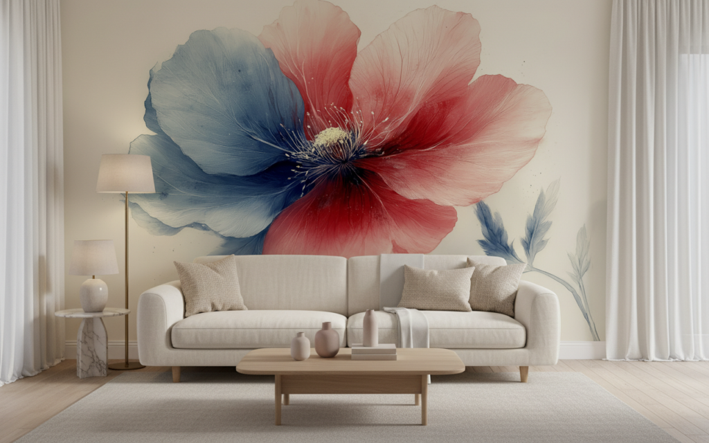 Papier peint floral aquarelle rouge bleu délicat élégant - Salon / Séjour