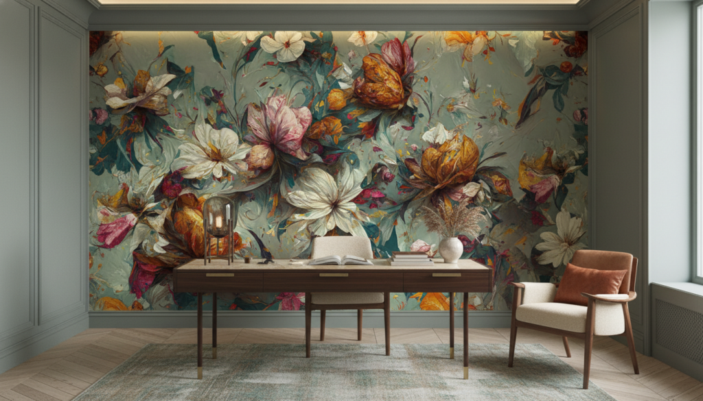 Papier Peint Floral Artistique aux Tons Automnaux et Dorés - Bureau