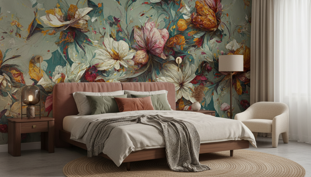 Papier Peint Floral Artistique aux Tons Automnaux et Dorés - Chambre adulte