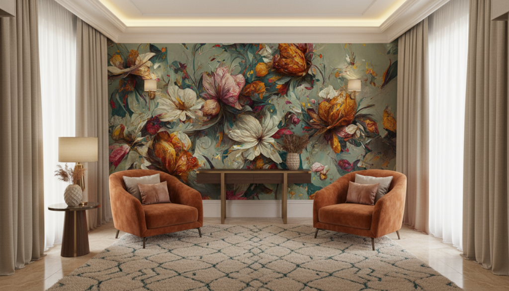 Papier Peint Floral Artistique aux Tons Automnaux et Dorés - Hôtel