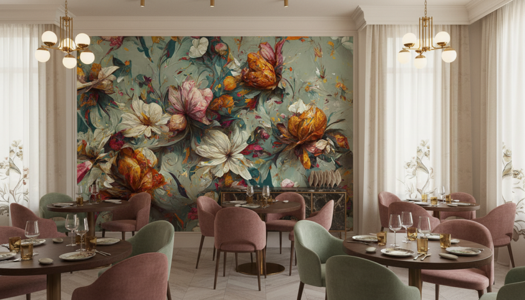 Papier Peint Floral Artistique aux Tons Automnaux et Dorés - Restaurant