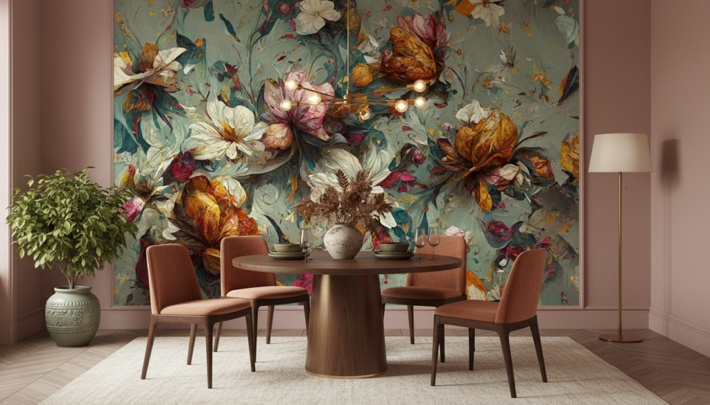 Papier Peint Floral Artistique aux Tons Automnaux et Dorés - Salle à manger