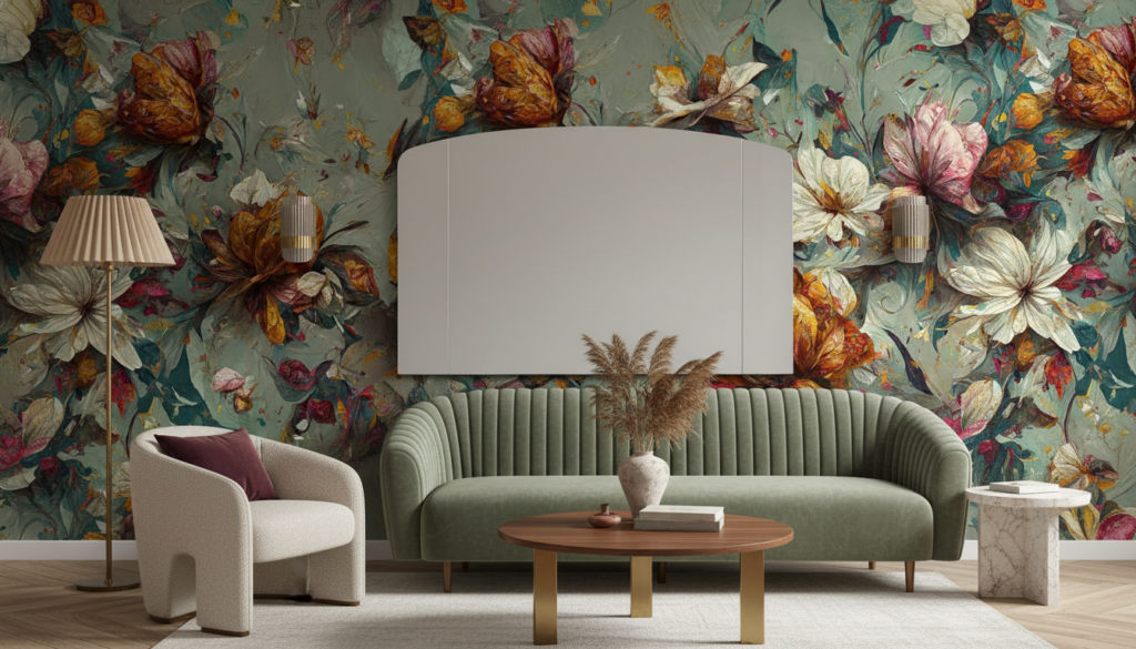 Papier Peint Floral Artistique aux Tons Automnaux et Dorés - Salon / Séjour