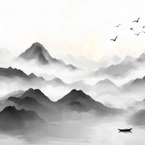 Paysage Montagneux Zen en Brume avec Lac et Oiseaux