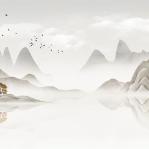 Paysage chinois traditionnel avec montagnes brumeuses et oiseaux