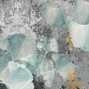 Papier peint floral contemporain avec feuilles de ginkgo bleu-vert