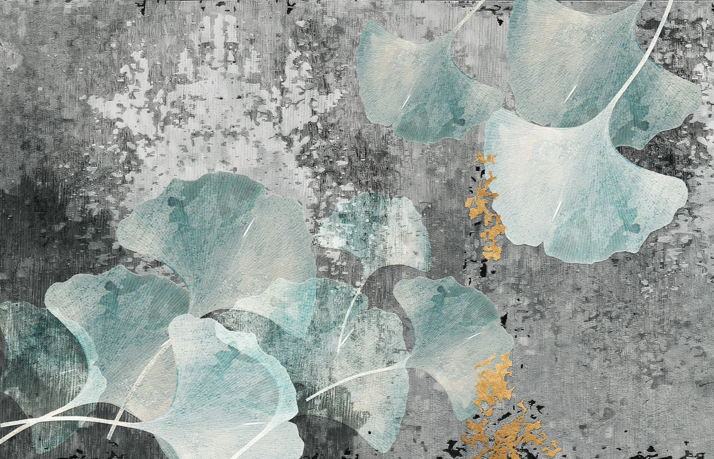 Papier peint floral contemporain avec feuilles de ginkgo bleu-vert