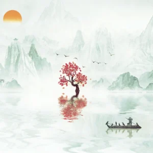 Paysage zen avec cerisier rouge et montagnes brumeuses asiatiques